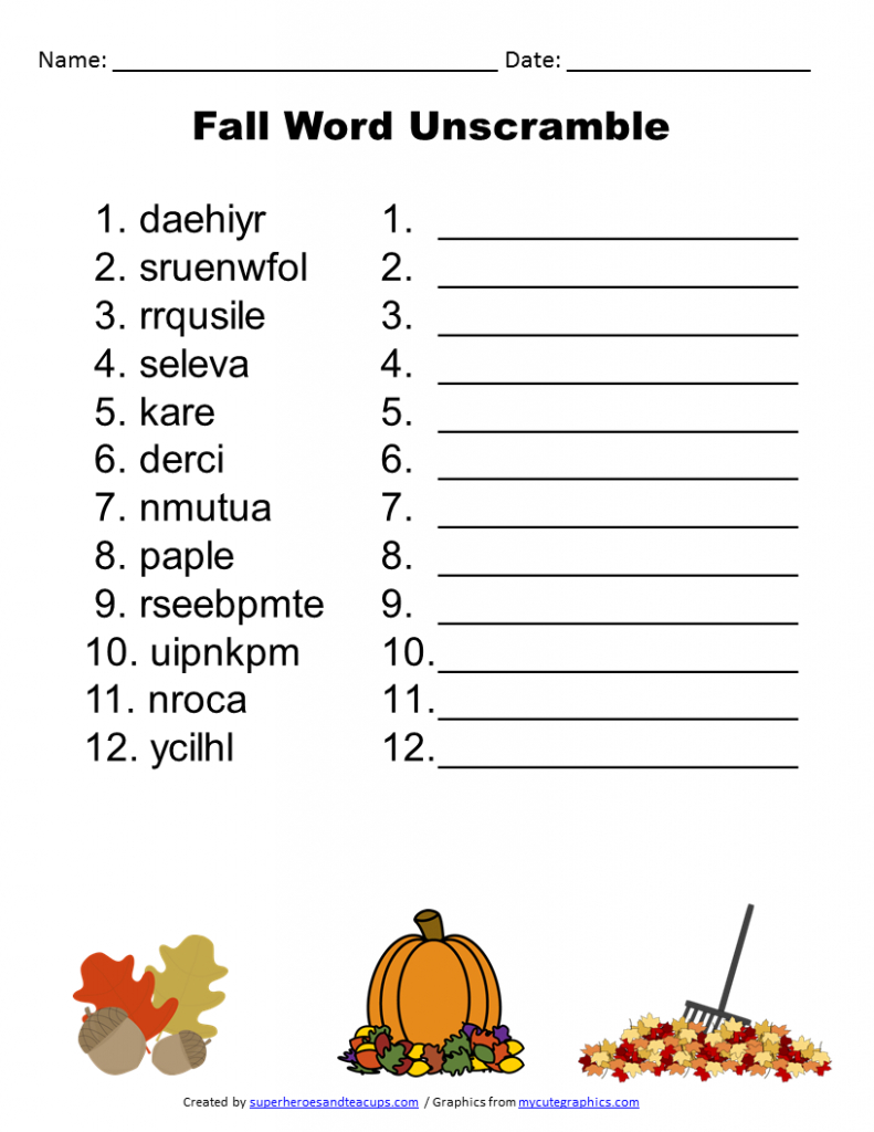 Free Printable - Fall Word Unscramble | Games For Senior Adults - Printable Unscramble Puzzles