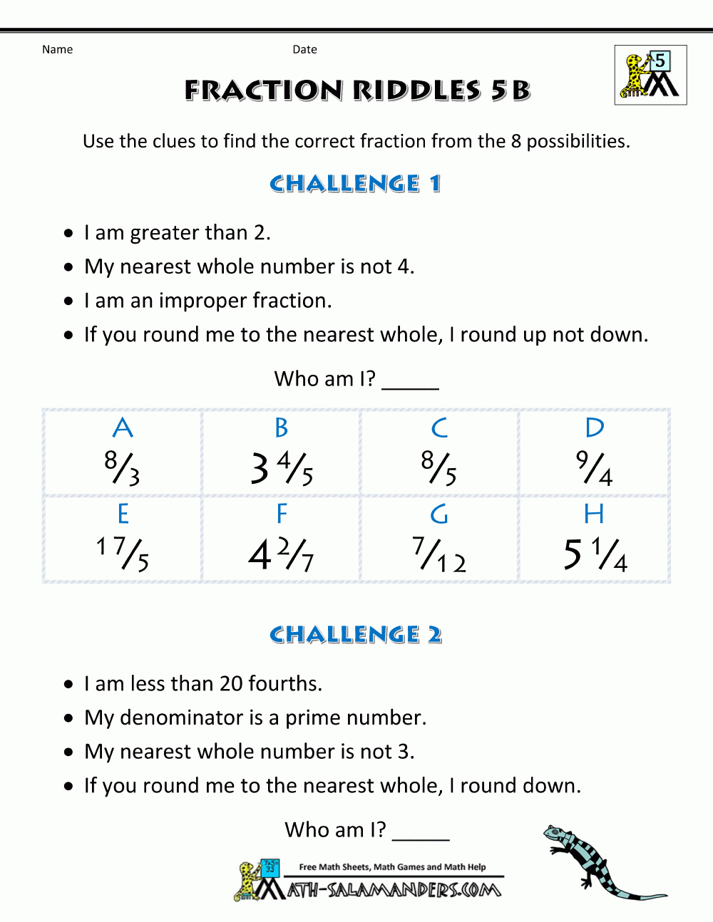 Free Printable Fraction Worksheets - Fraction Riddles (Harder) - Printable Fraction Puzzle