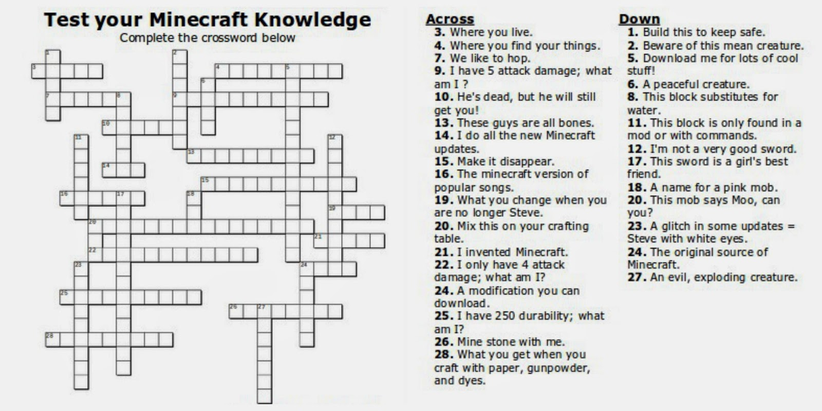 Free Printable Minecraft Crossword Search: Test Your Minecraft - Printable Quiz Crossword