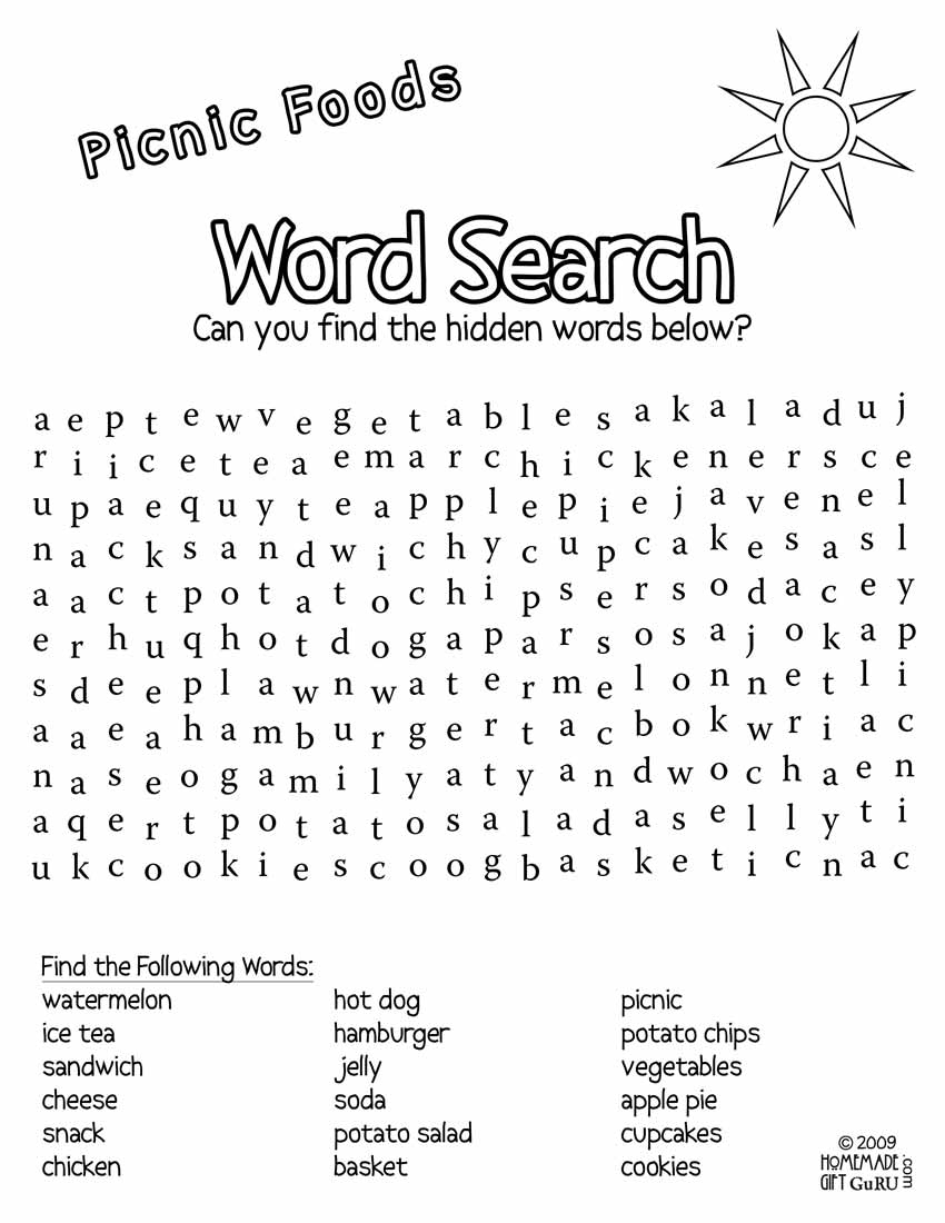 Free Printable Word Search: Picnic Foods - Printable Word Puzzles Free