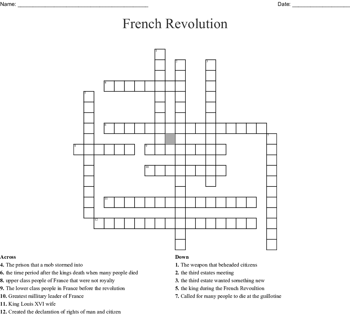 French Revolution Crossword - Wordmint - Printable French Puzzle