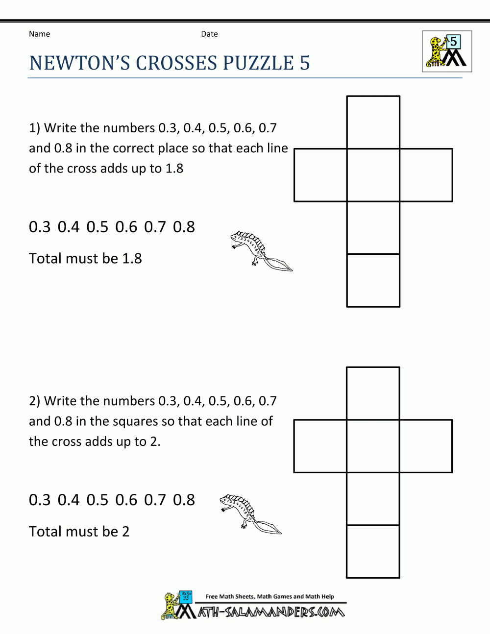 Fun Math Worksheets Newtons Crosses Puzzle 5 | Activities For Kids - Worksheet On Puzzle