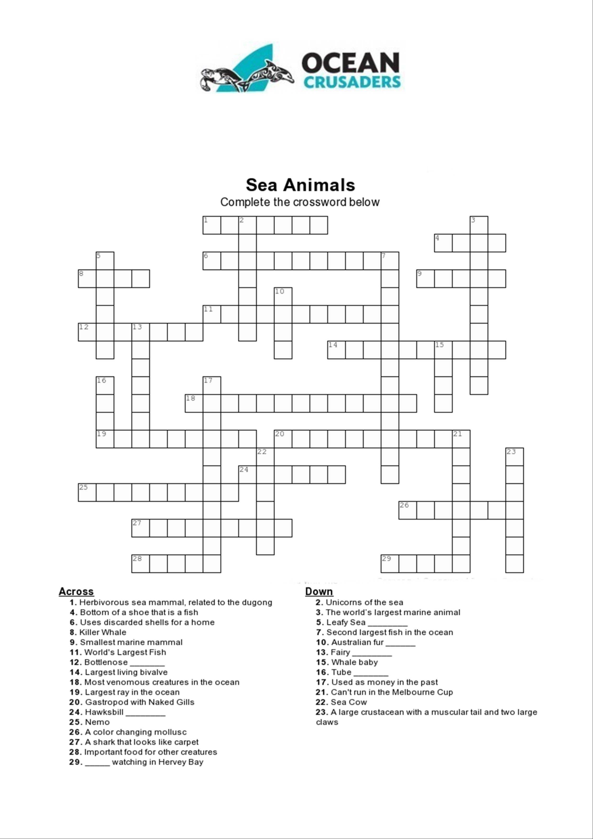 Games/puzzles – Ocean Crusaders - Printable Ocean Crossword Puzzles