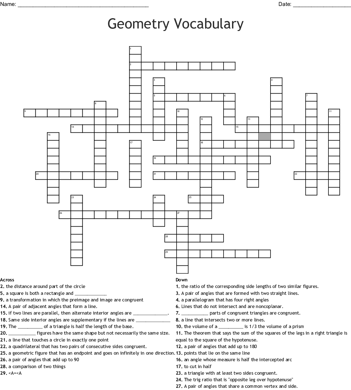 Geometry Chapter 1 Vocabulary Crossword Tools Of Geometry Math
