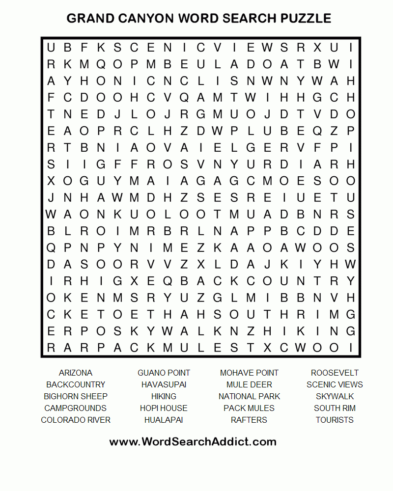 Grand Canyon Printable Word Search Puzzle - Printable Music Puzzles