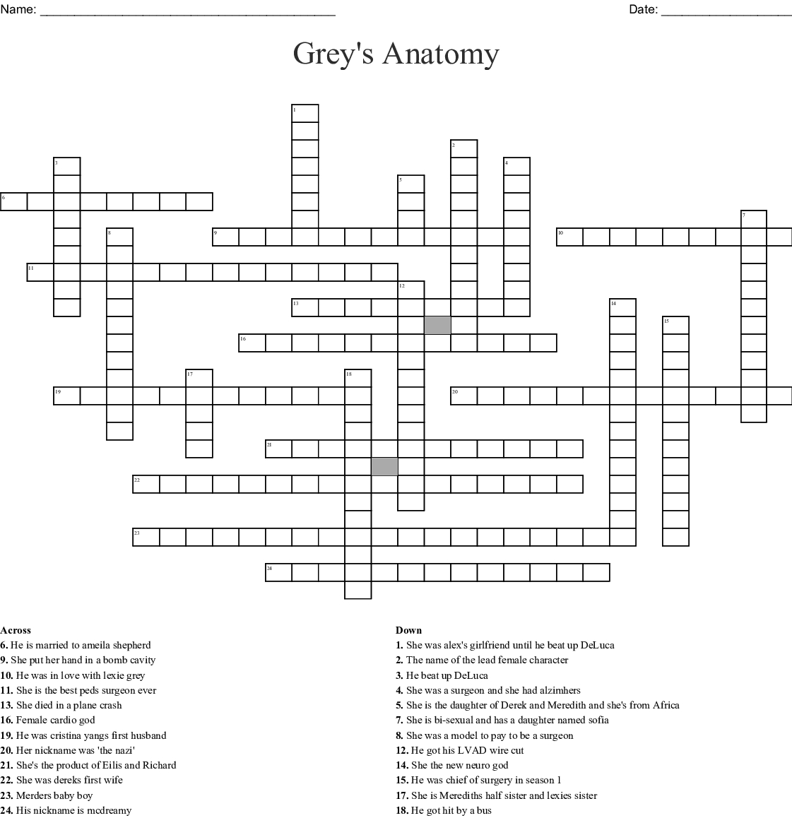 Grey&amp;#039;s Anatomy Crossword - Wordmint - Printable Grey&amp;#039;s Anatomy Crossword Puzzles