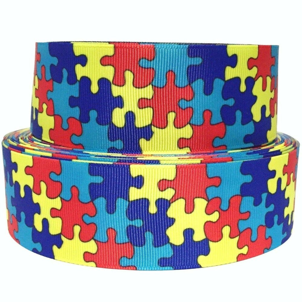 Grosgrain Ribbon 5/8&amp;quot;, 7/8&amp;quot;,1.5&amp;quot; Or 3&amp;quot; In Autism Awareness Puzzle - Puzzle Print Ribbon