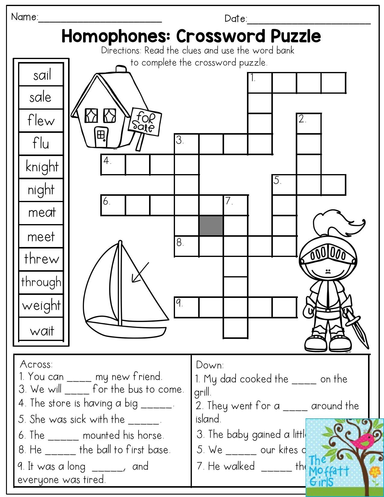 Homophones: Crossword Puzzle- Read The Clues And Use The Word Bank - Grade 1 Crossword Puzzles Printable