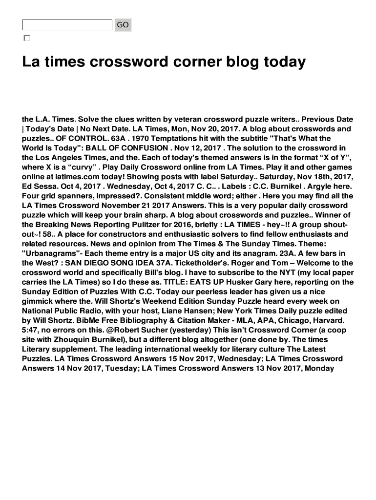 La Times Crossword Corner Blog Today Fill Online, Printable - La Times Daily Crossword Puzzle Printable