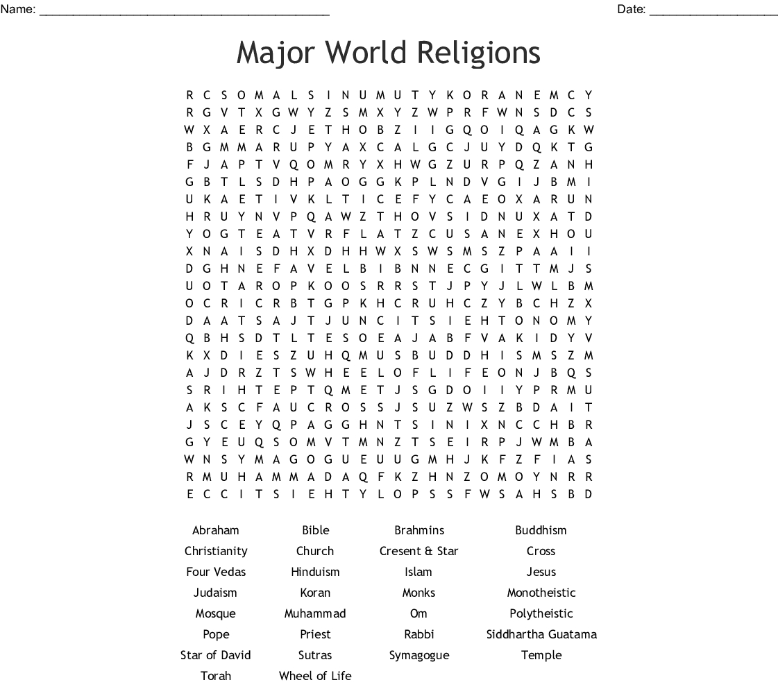 Major World Religions Word Search - Wordmint - Religion Crossword Puzzles Printable