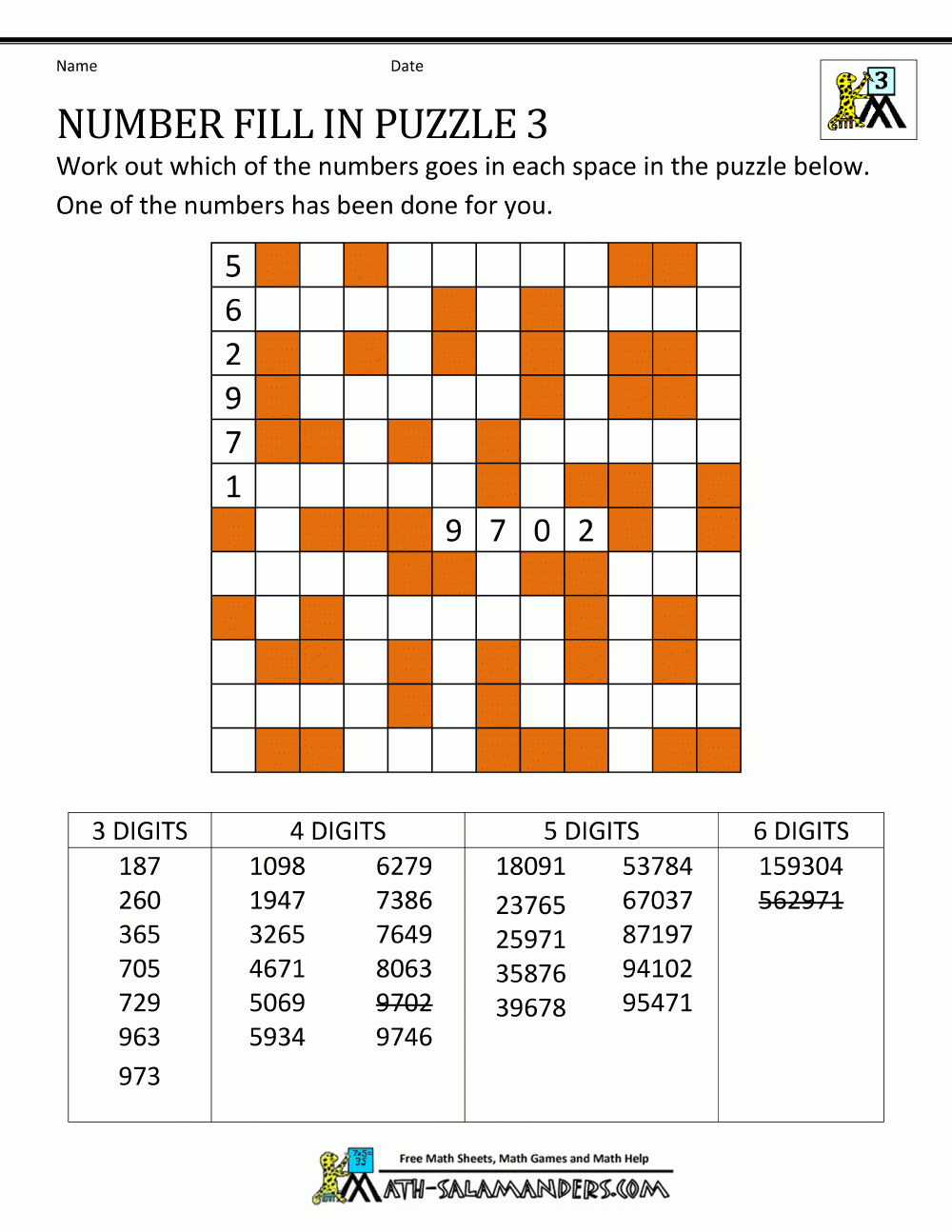 Math Puzzles For Kids Number Fill In Puzzle 3 | Spot The . Games - Printable Crossword #3