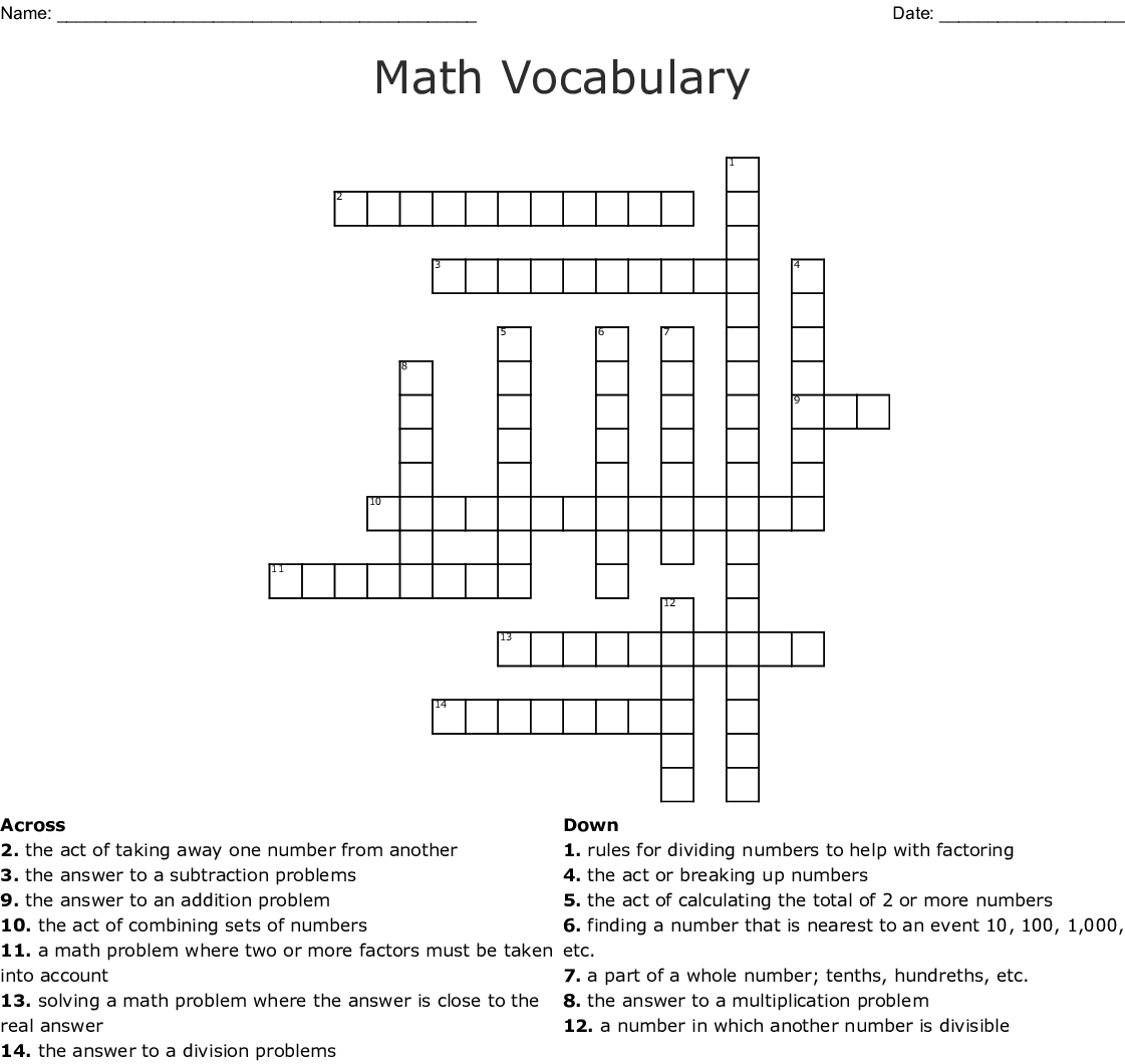 Math Worksheets Math Crossword Puzzle Answer Key Algebra Vocabulary 