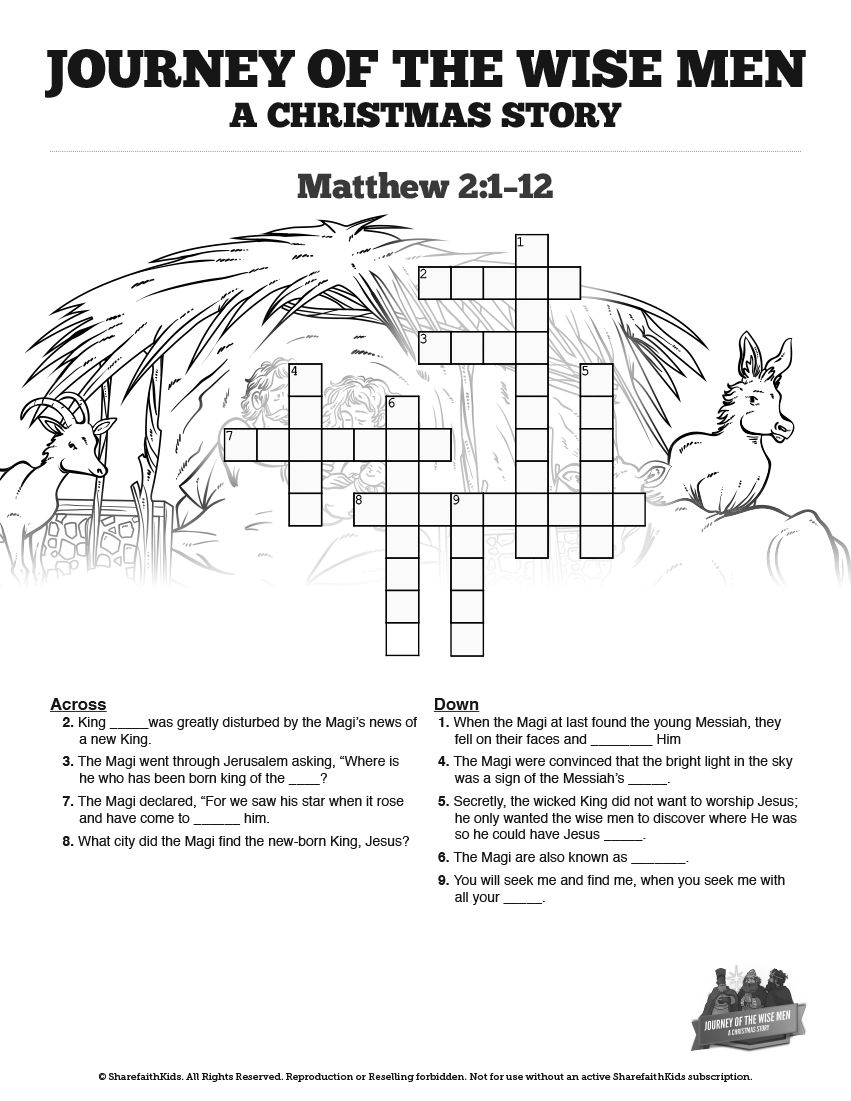 Matthew 2 The Magi Christmas Story Sunday School Crossword Puzzles - Printable Epiphany Crossword Puzzle