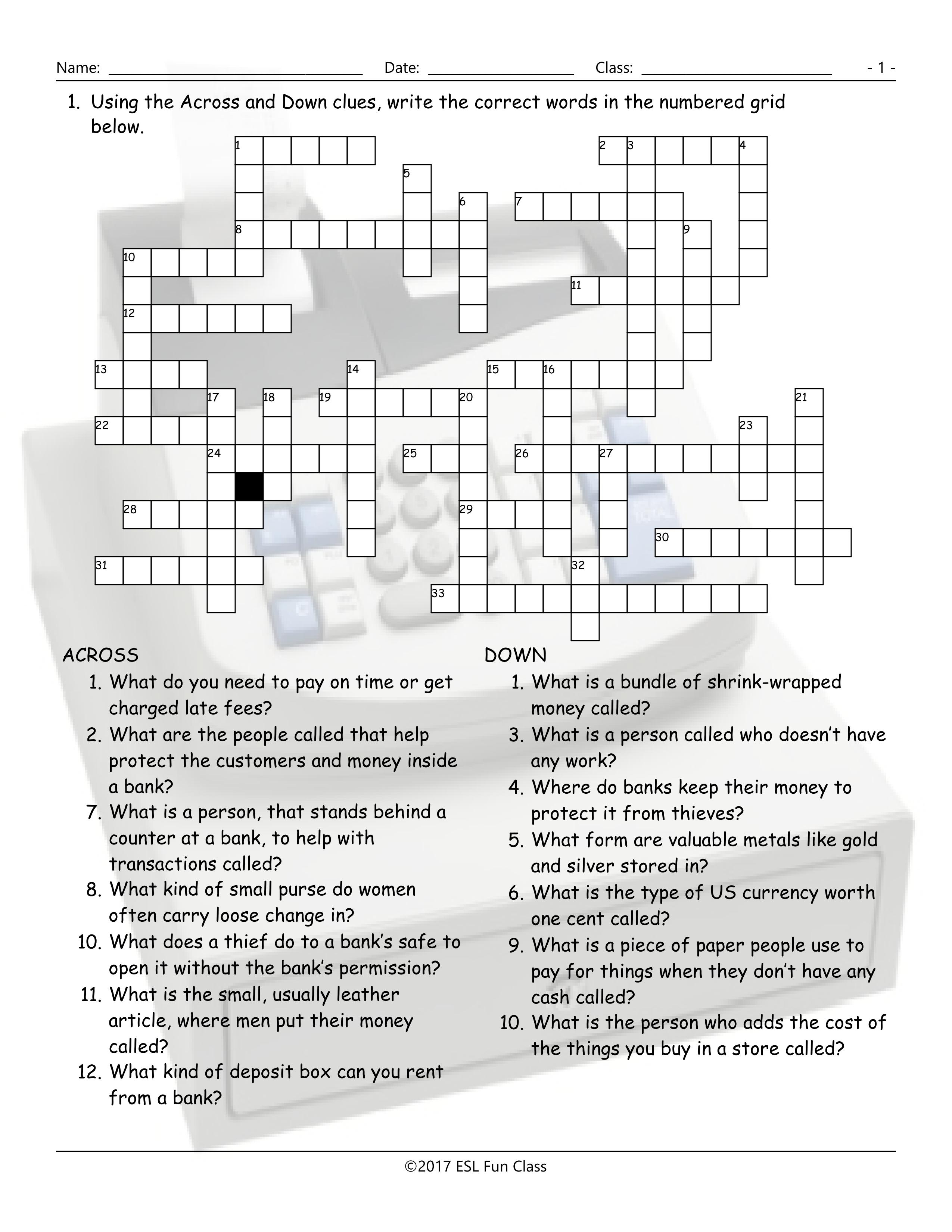Money-Banking Crossword Puzzle Worksheet-Esl Fun Games-Have Fun! - Printable Esl Crossword Worksheets