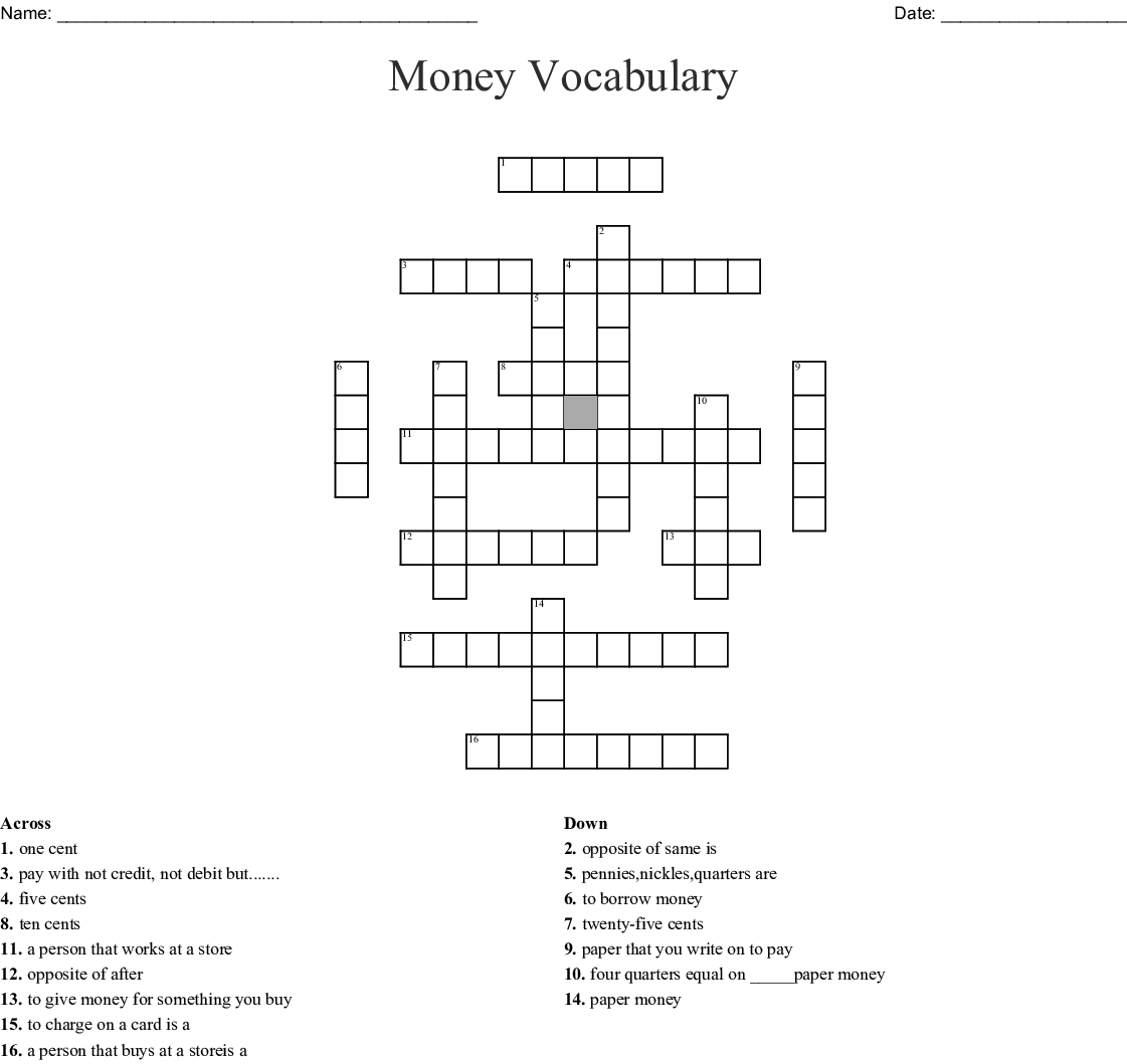 Money Vocabulary Crossword - Wordmint - Printable Money Crossword Puzzle