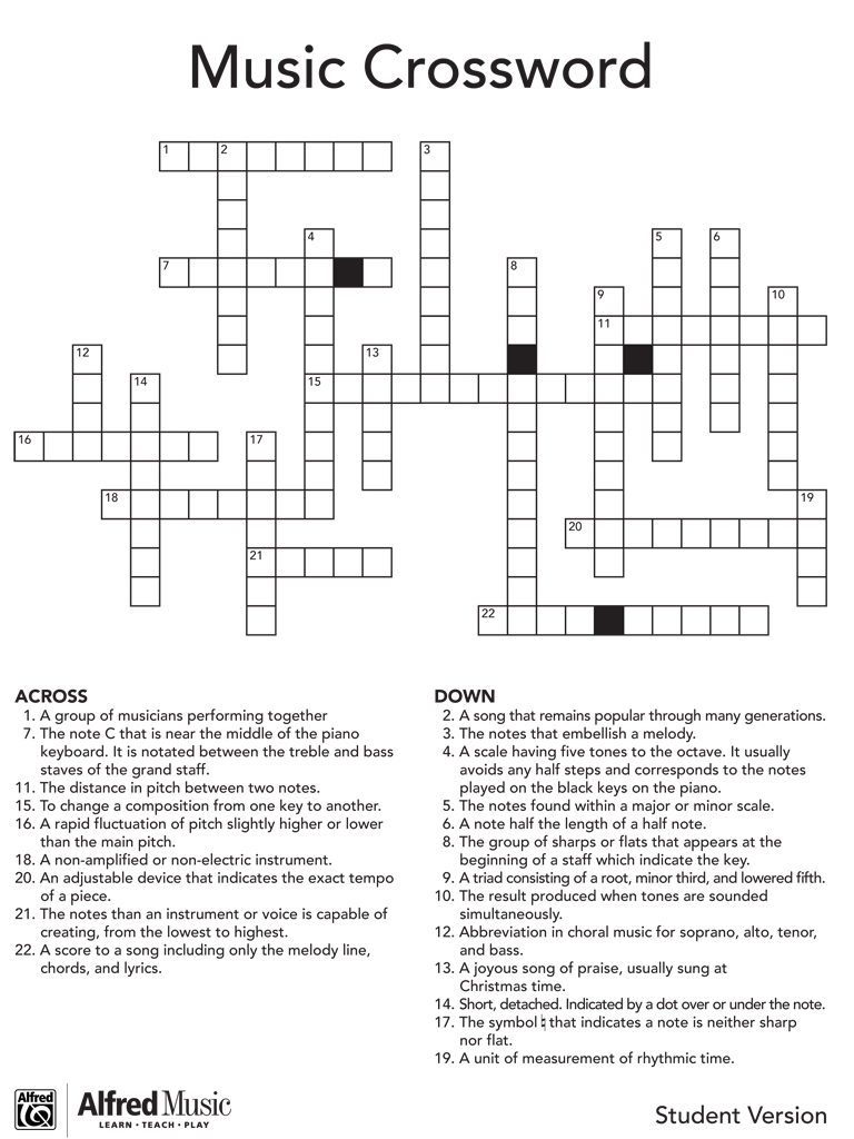 Music Crossword Puzzle Activity - Printable English Crossword Puzzles With Answers Pdf