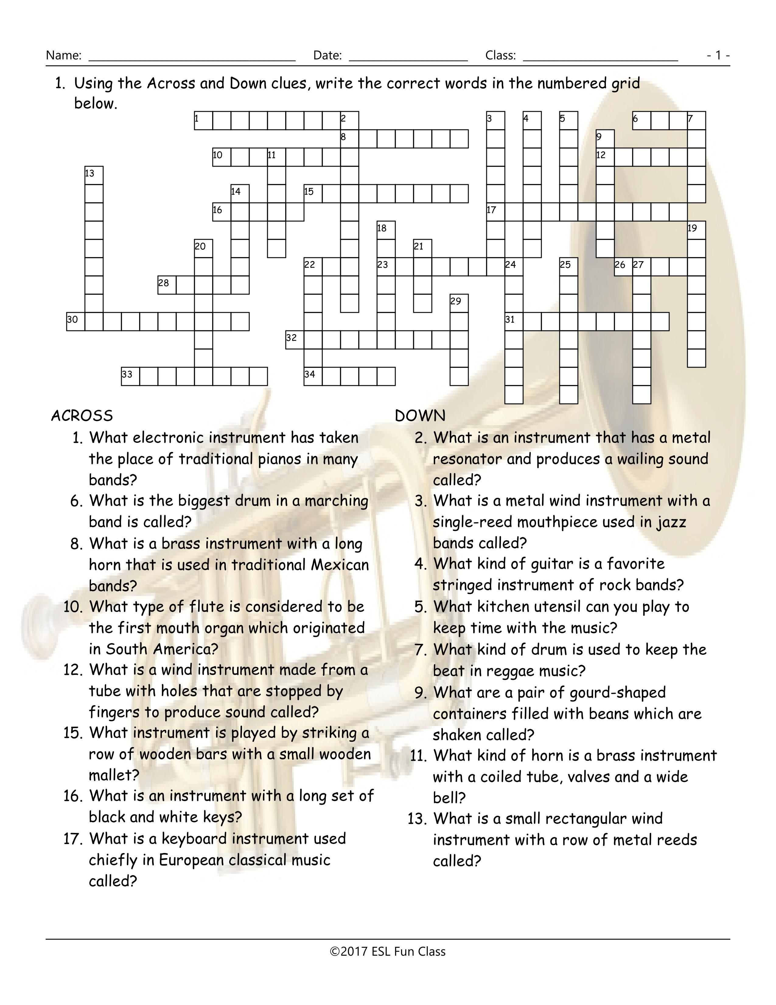Musical Instruments Crossword Puzzle Worksheet-Esl Fun Games-Have Fun! - Vocabulary Crossword Puzzle Printable