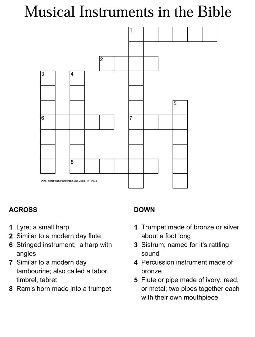 Musical Instruments In The Bible Crossword With Answer Sheet - Printable Christian Crossword Puzzles