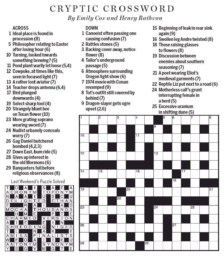 National Post Cryptic Crossword Forum: Saturday, April 20, 2019 - Printable Telegraph Crossword