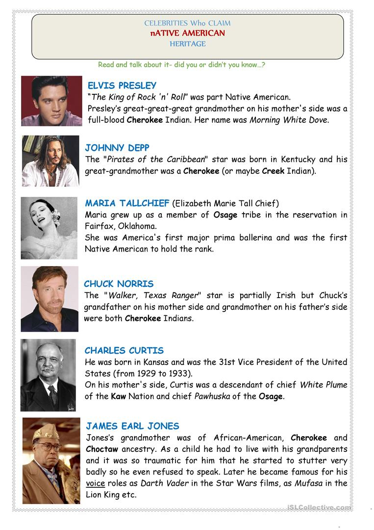 Native Americans (Usa): Celebrities - 2 Pages (Reading, Crossword - Native American Crossword Puzzle Printable