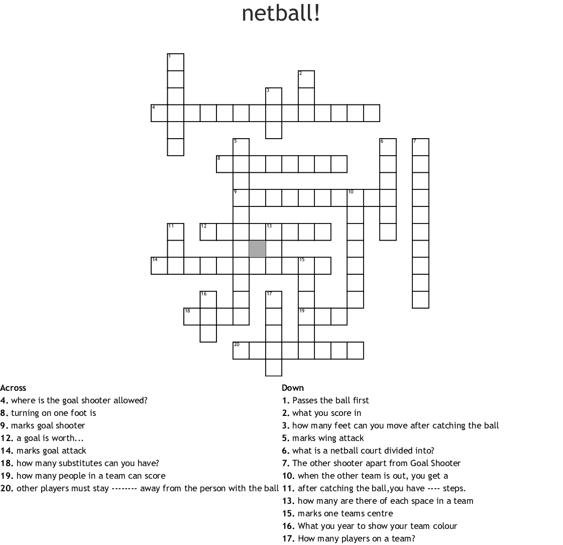 Netball! Crossword - Wordmint - Printable Crosswords Rugby
