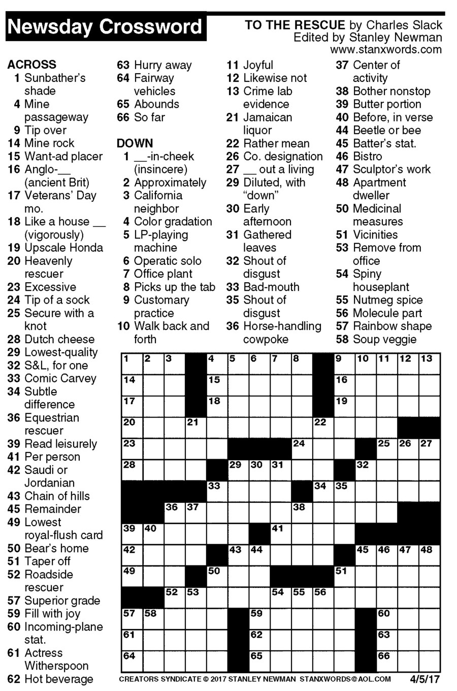 Newsday Crossword Puzzle For Apr 05, 2017,stanley Newman - Printable Crossword Newsday