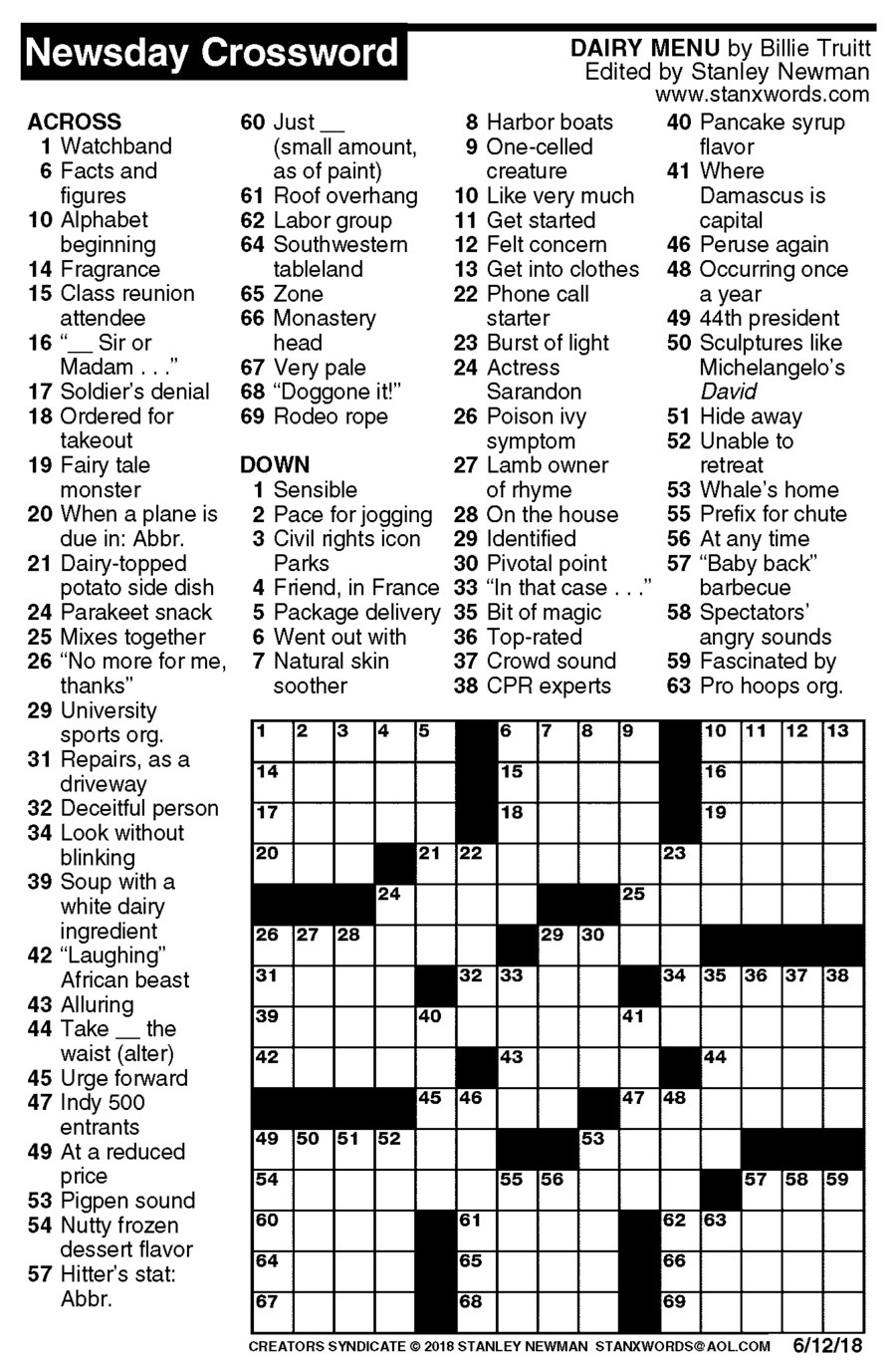 Newsday Crossword Puzzle For Jun 12, 2018,stanley Newman - Printable Crossword Newsday
