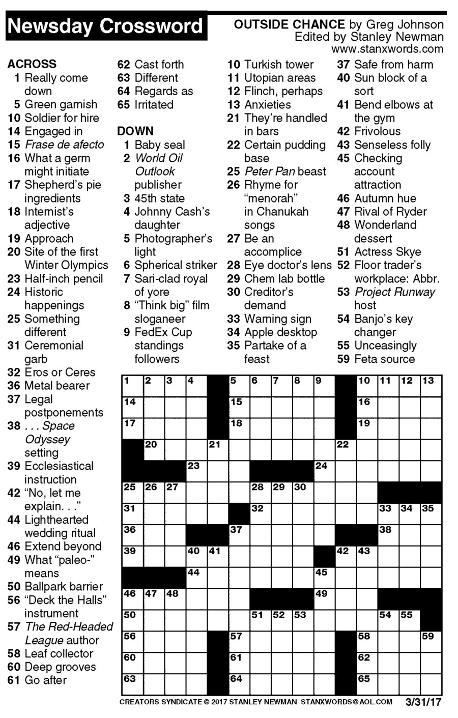 Newsday Crossword Puzzle For Mar 31, 2017,stanley Newman - Printable Crossword Puzzles Newsday