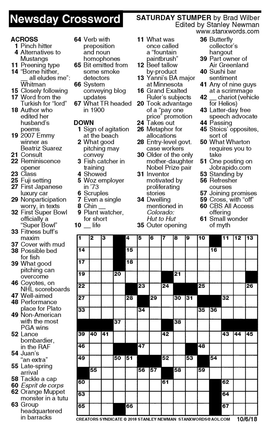 Newsday Crossword Puzzle For Oct 06 2018 stanley Newman Printable 