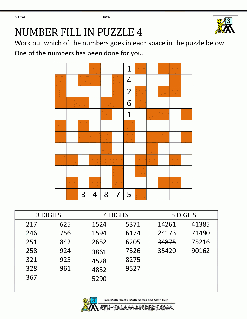Number Fill In Puzzles - Printable Cross Number Puzzle