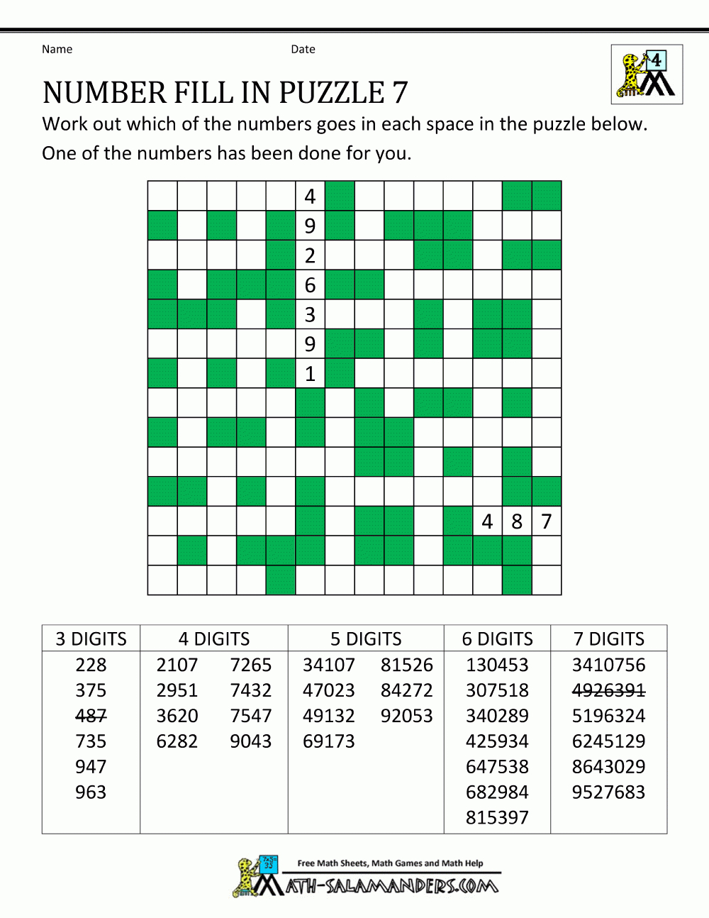 Number Fill In Puzzles - Printable Puzzle Grid