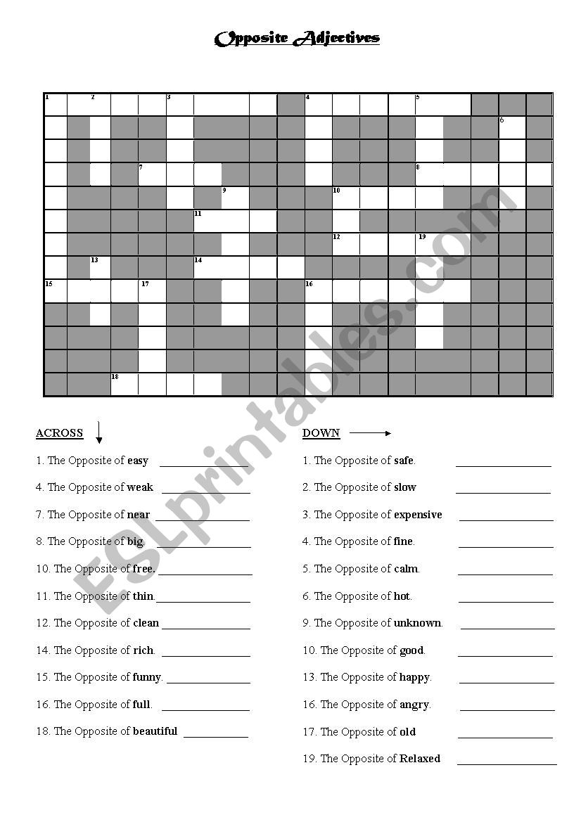 Printable Opposite Crossword Puzzle Printable Crossword Puzzles