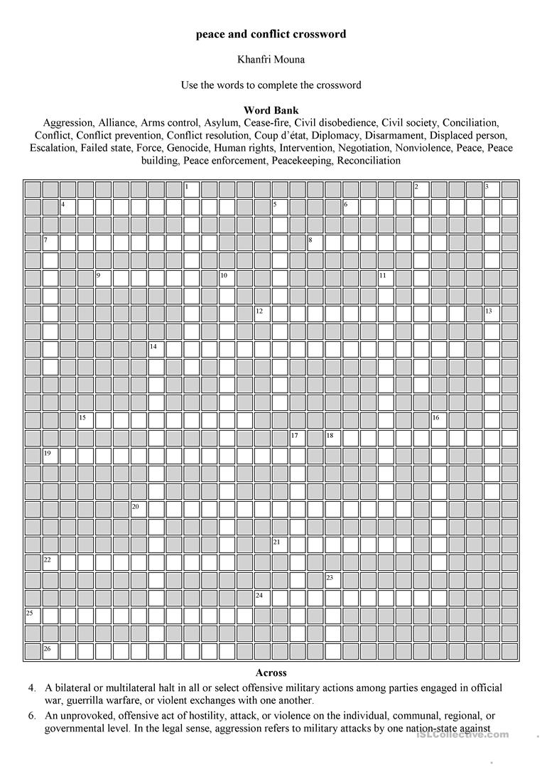 Peace And Conflict Crossword Worksheet - Free Esl Printable - Printable Conflict Resolution Crossword Puzzle
