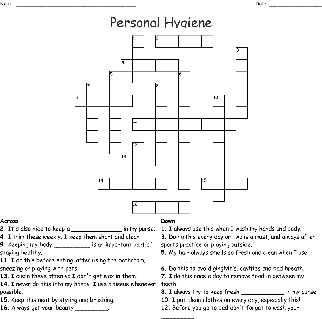 Personal Hygiene Crossword - Wordmint - Printable Crossword Puzzles For Tweens