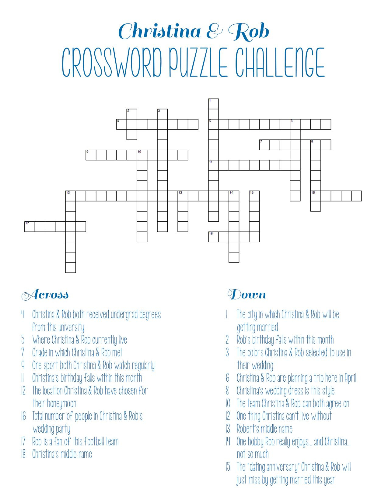 Personalized Bridal Shower Crossword Puzzle | Rehearsal Dinner - Free Printable Wedding Crossword Puzzle