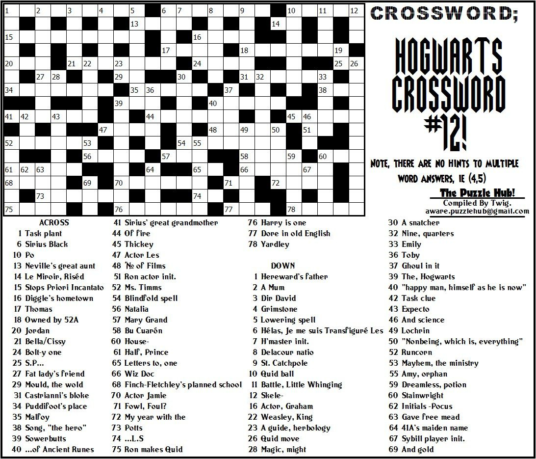 Printable Crossword Puzzles Harry Potter | Printable Crossword Puzzles