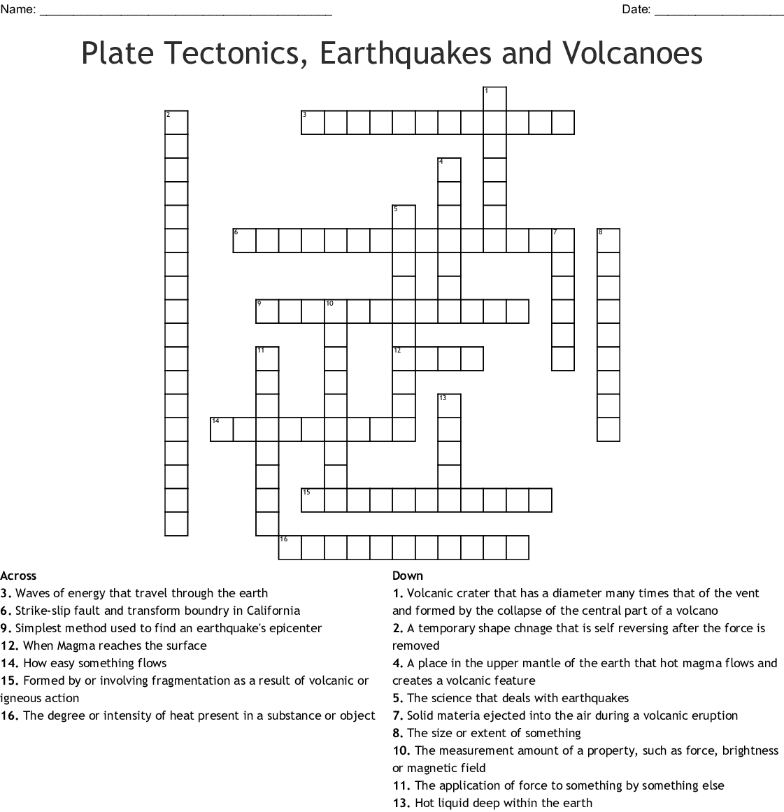 Plate Tectonics, Earthquakes And Volcanoes Crossword - Wordmint - Volcano Crossword Puzzle Printable