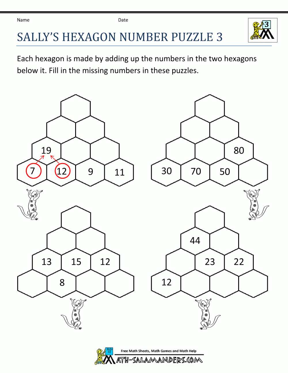 Printable Math Puzzles Sallys Hexagon Number Puzzle 3 | Matika - Printable Maths Puzzles Ks2