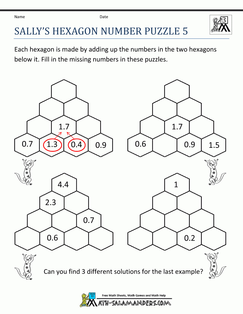 Printable Math Puzzles Sallys Hexagon Number Puzzle 5 | Stage 2 And - Printable Math Puzzles Grade 7