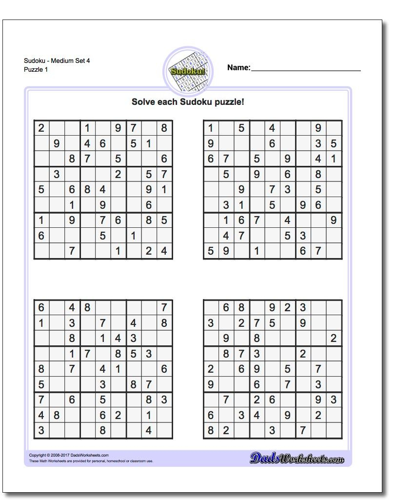 Printable Medium Sudoku Puzzles | Math Worksheets | Sudoku Puzzles - Printable Sudoku Puzzles 4 Per Page