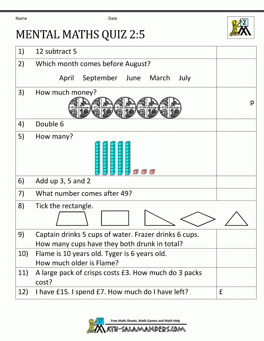 Printable Mental Maths Year 2 Worksheets - Printable Puzzles For 5-7 Year Olds