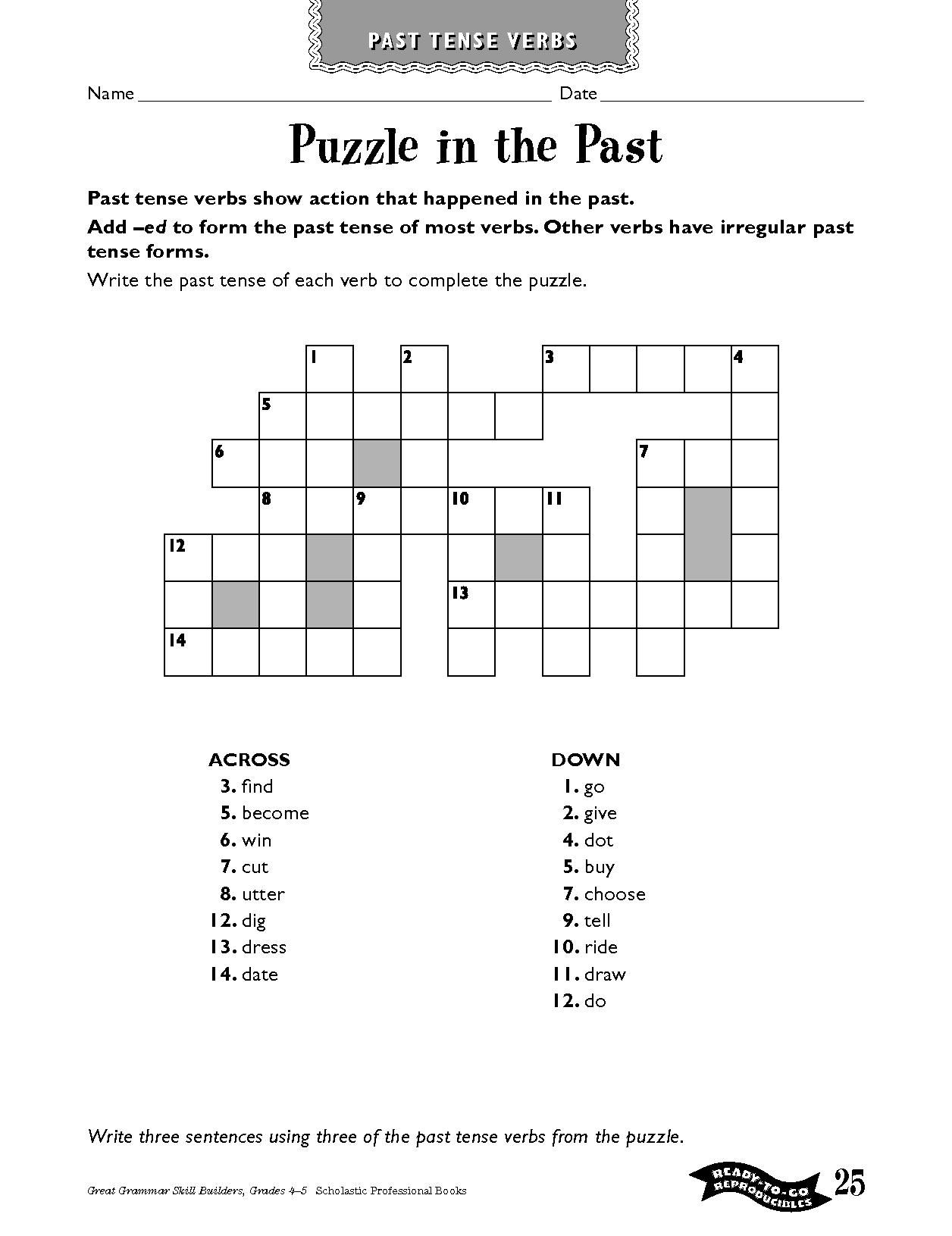 Puzzle In The Past | Parents: 6Th-8Th Grade Printables | Teaching - Crossword Puzzles Printable On Tenses