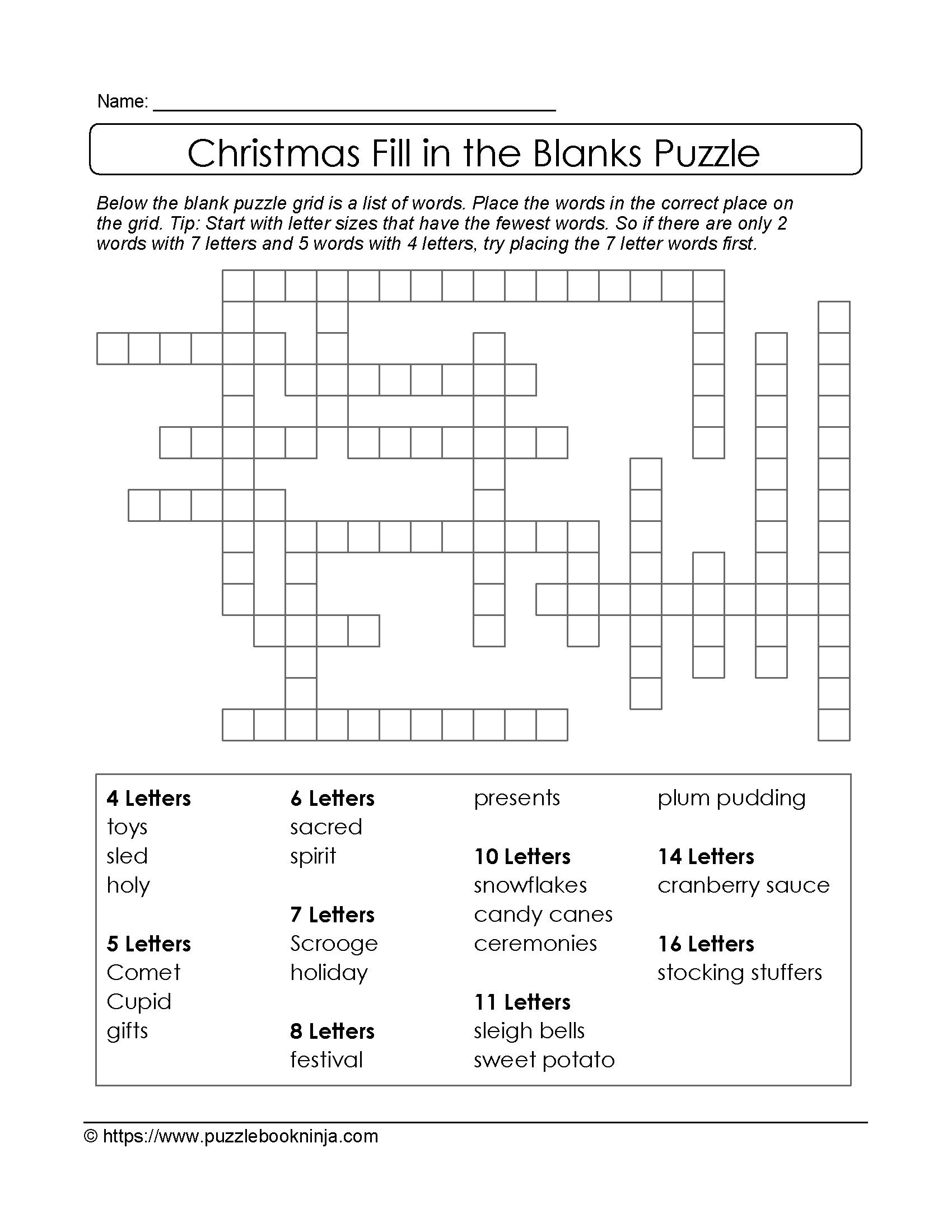 Puzzles To Print. Free Xmas Theme Fill In The Blanks Puzzle - Printable Blank Crossword