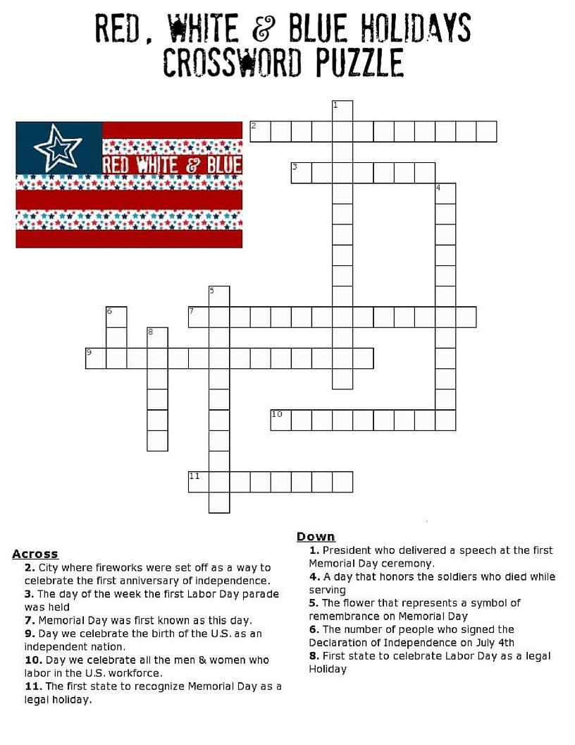 Red, White And Blue Holidays Crossword Puzzle | * Printables - Printable Fourth Of July Crossword Puzzles