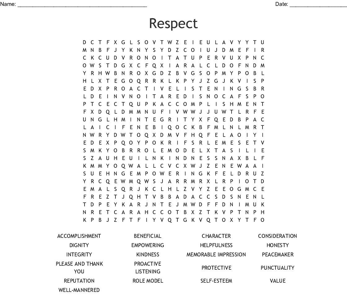 Respect Word Search - Wordmint - Respect Crossword Puzzle Printable