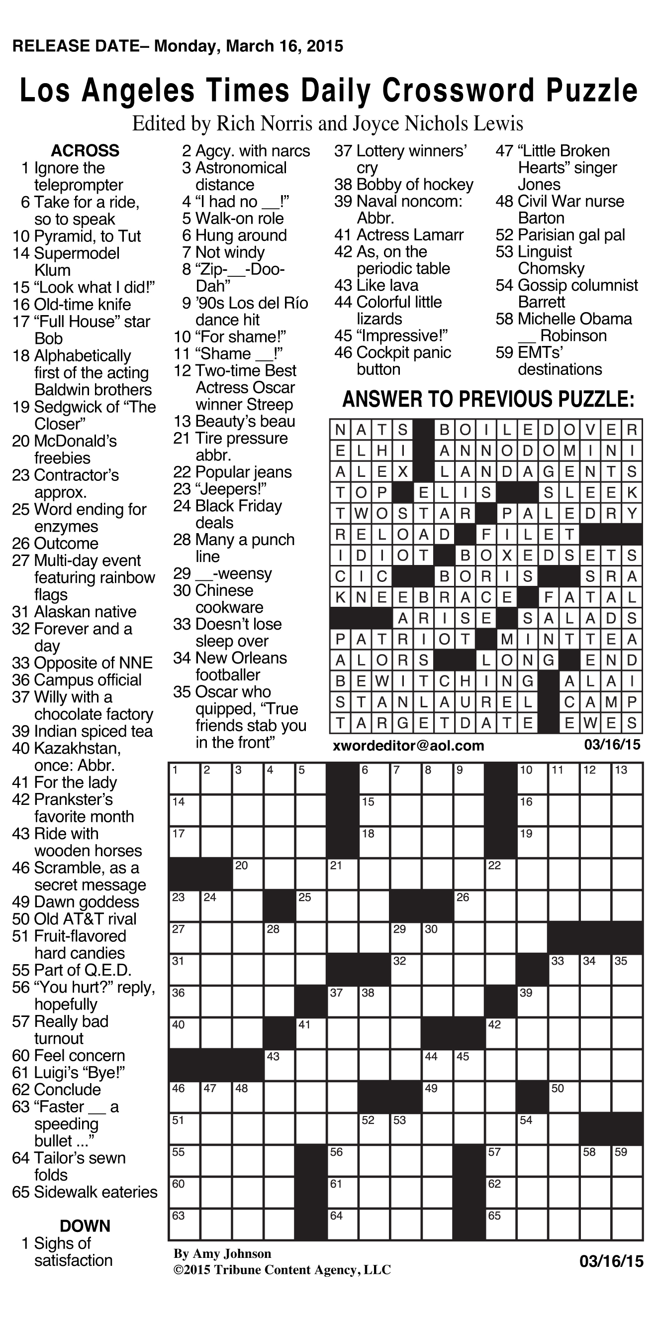 Sample Of Los Angeles Times Daily Crossword Puzzle | Tribune Content - Usa Today Printable Crossword Puzzles 2015