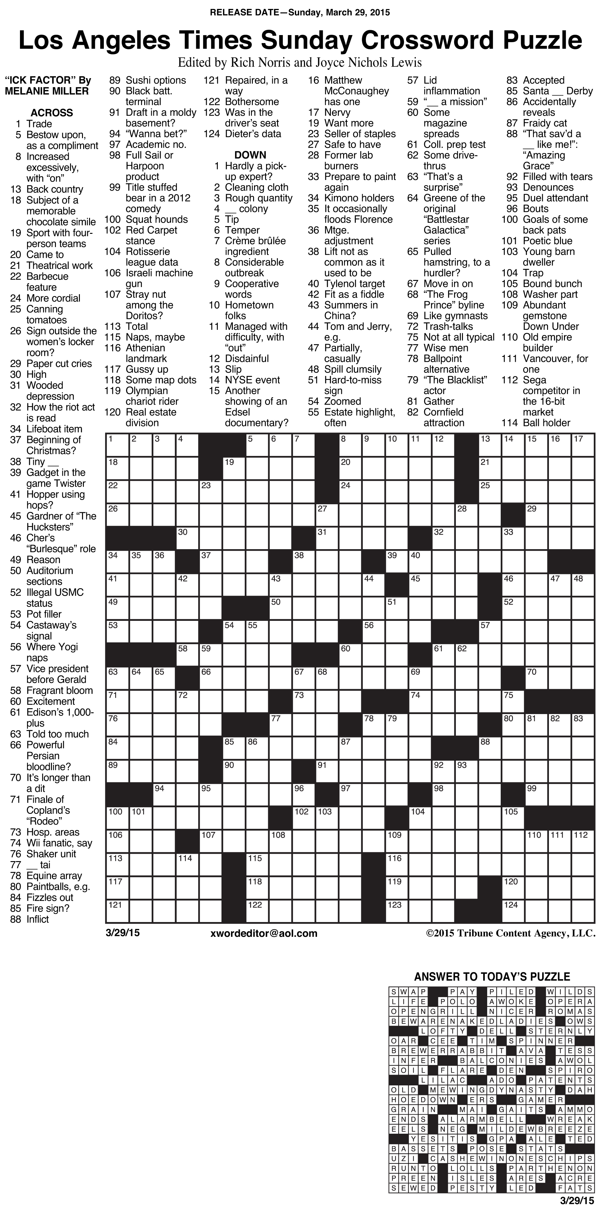 Sample Of Los Angeles Times Sunday Crossword Puzzle | Tribune - Usa Today Printable Crossword Puzzles 2015