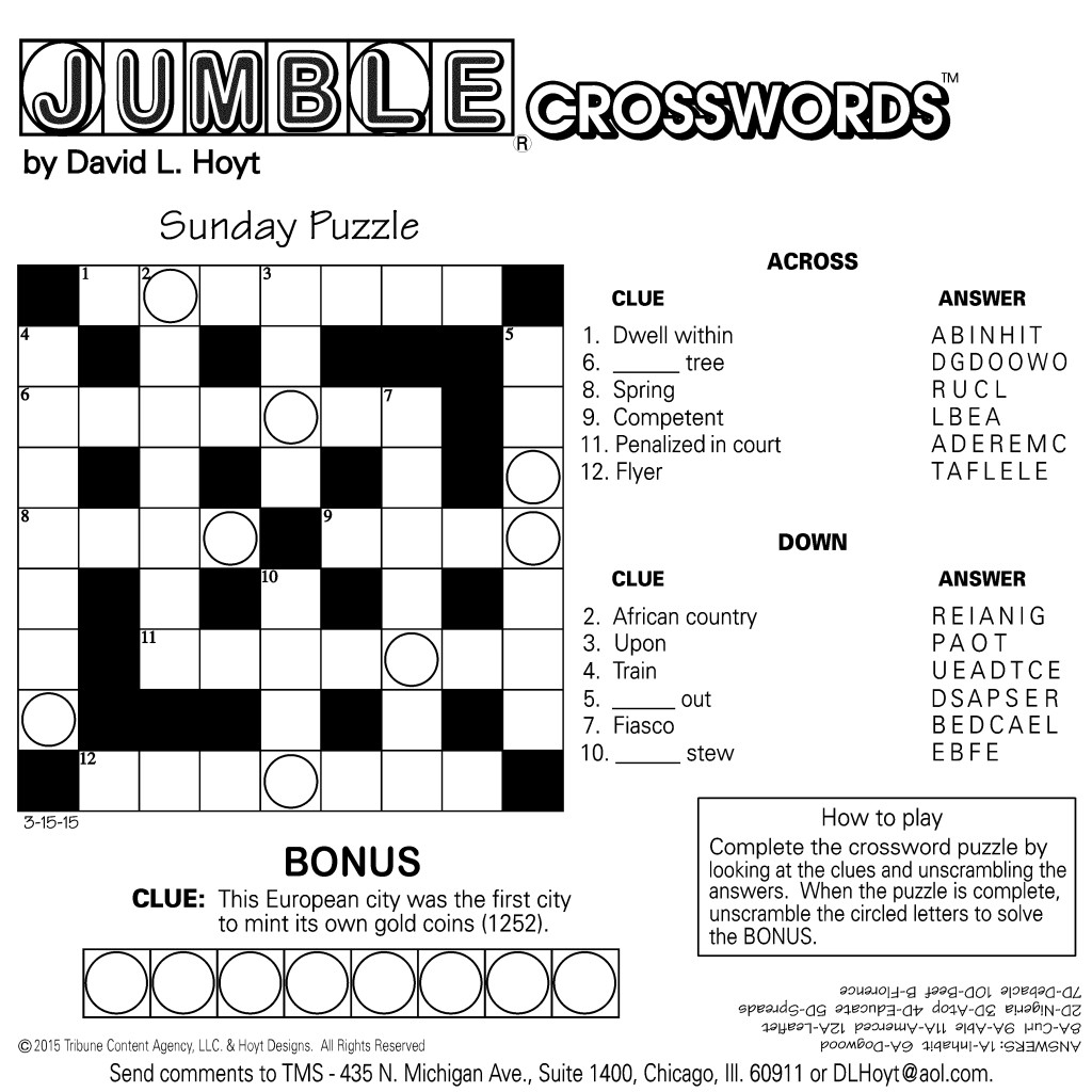 Sample Of Square Sunday Jumble Crosswords | Tribune Content Agency - Chicago Sun Times Crossword Puzzle Printable