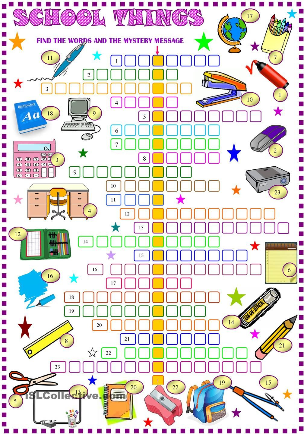 School Things: Crossword Puzzle With Key: Esl Printable Worksheet Of - Printable English Vocabulary Crossword Puzzle