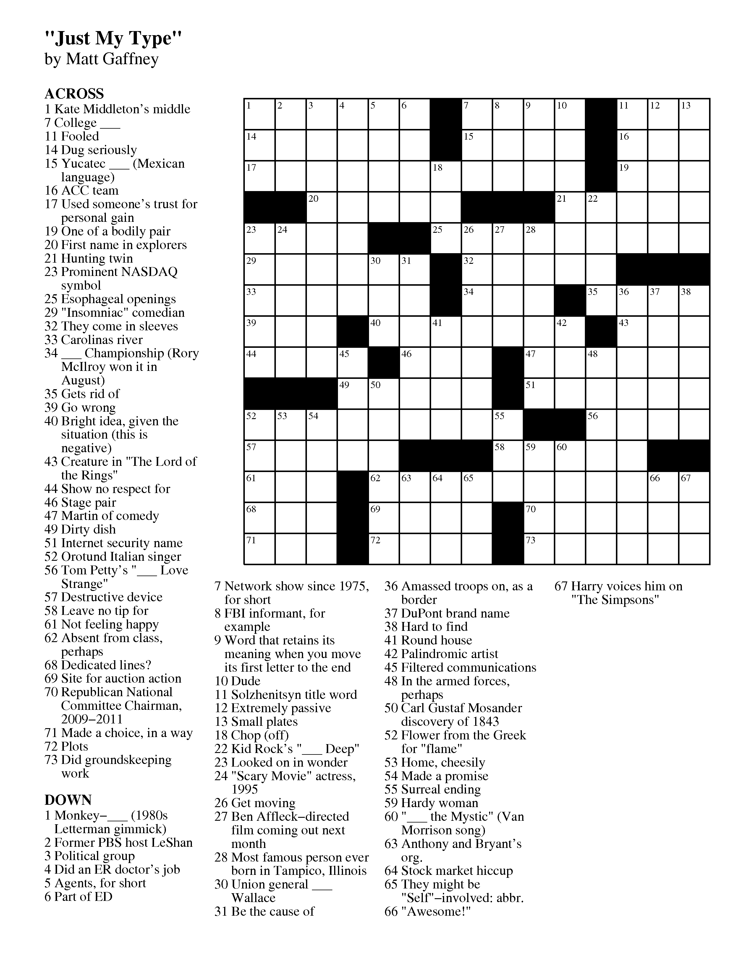September | 2012 | Matt Gaffney&amp;#039;s Weekly Crossword Contest - Printable Crossword Puzzles August 2017